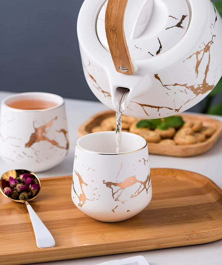 KKGUD Japanischer Stil Keramik Teeset, elegante Teekanne und 4 Teetassen mit Holztablett für Nachmit