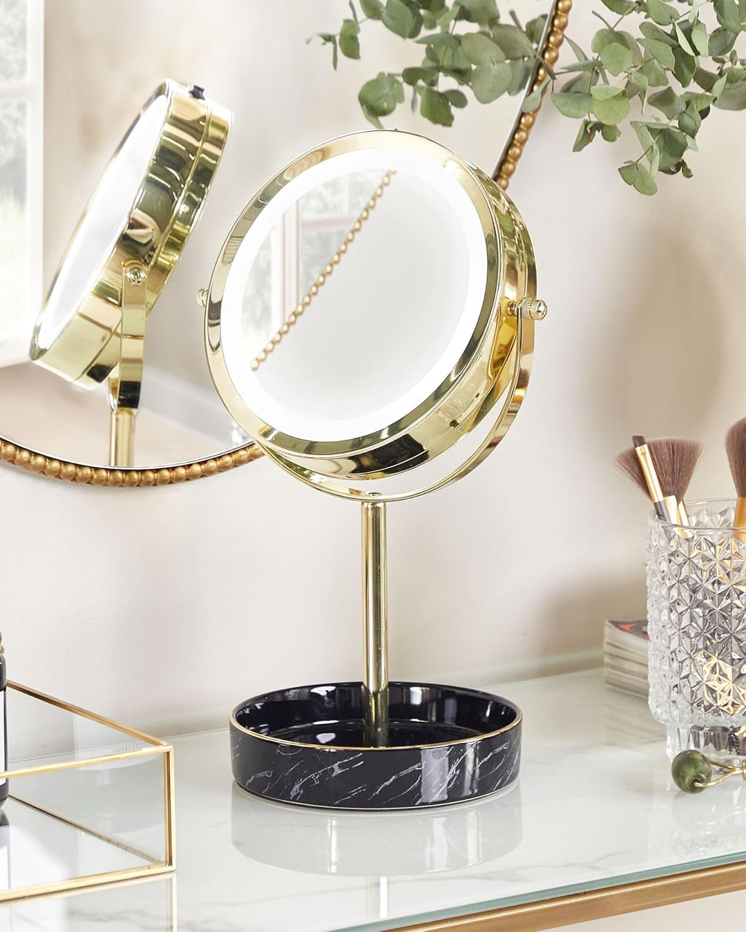 Kosmetikspiegel mit LED-Beleuchtung gold/schwarz ø 26 cm doppelseitig Savoie