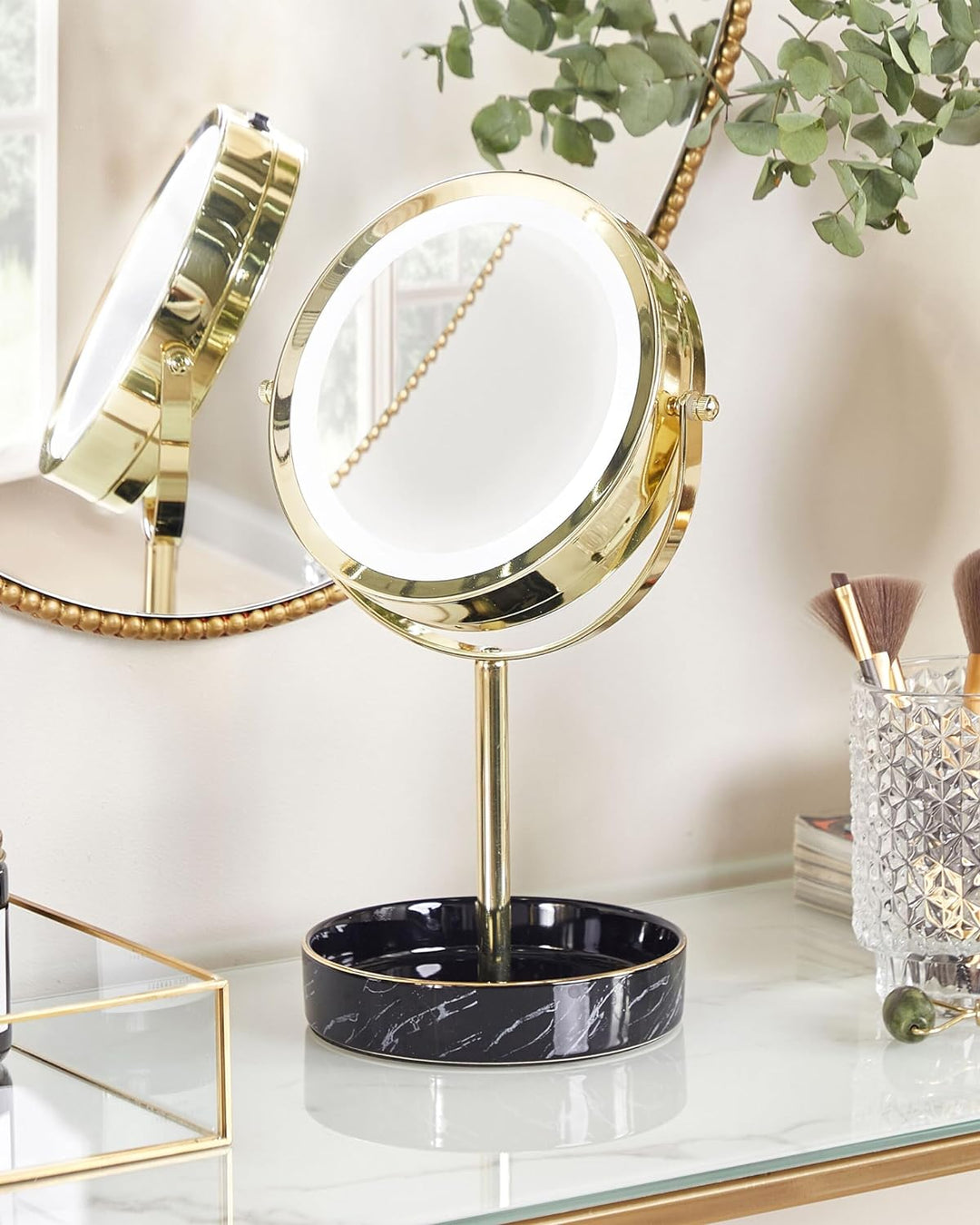 Kosmetikspiegel mit LED-Beleuchtung gold/schwarz ø 26 cm doppelseitig Savoie