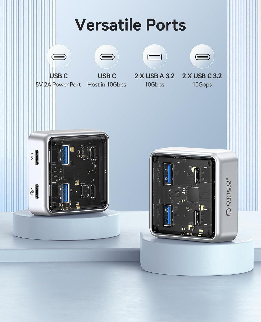 ORICO USB Hub 3.2, 4 Port USB 3.2 Gen2 Verteiler mit 2 Typ A/C Anschlüsse, 10Gbps Zinklegierung Mult