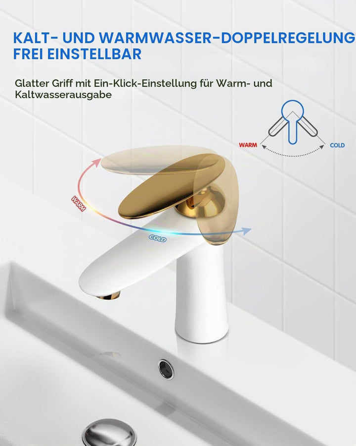 Waschtischarmatur Weiss Gold Messing Einhandmischer Hochdruck | Massives korrosionsfestes Messing mi