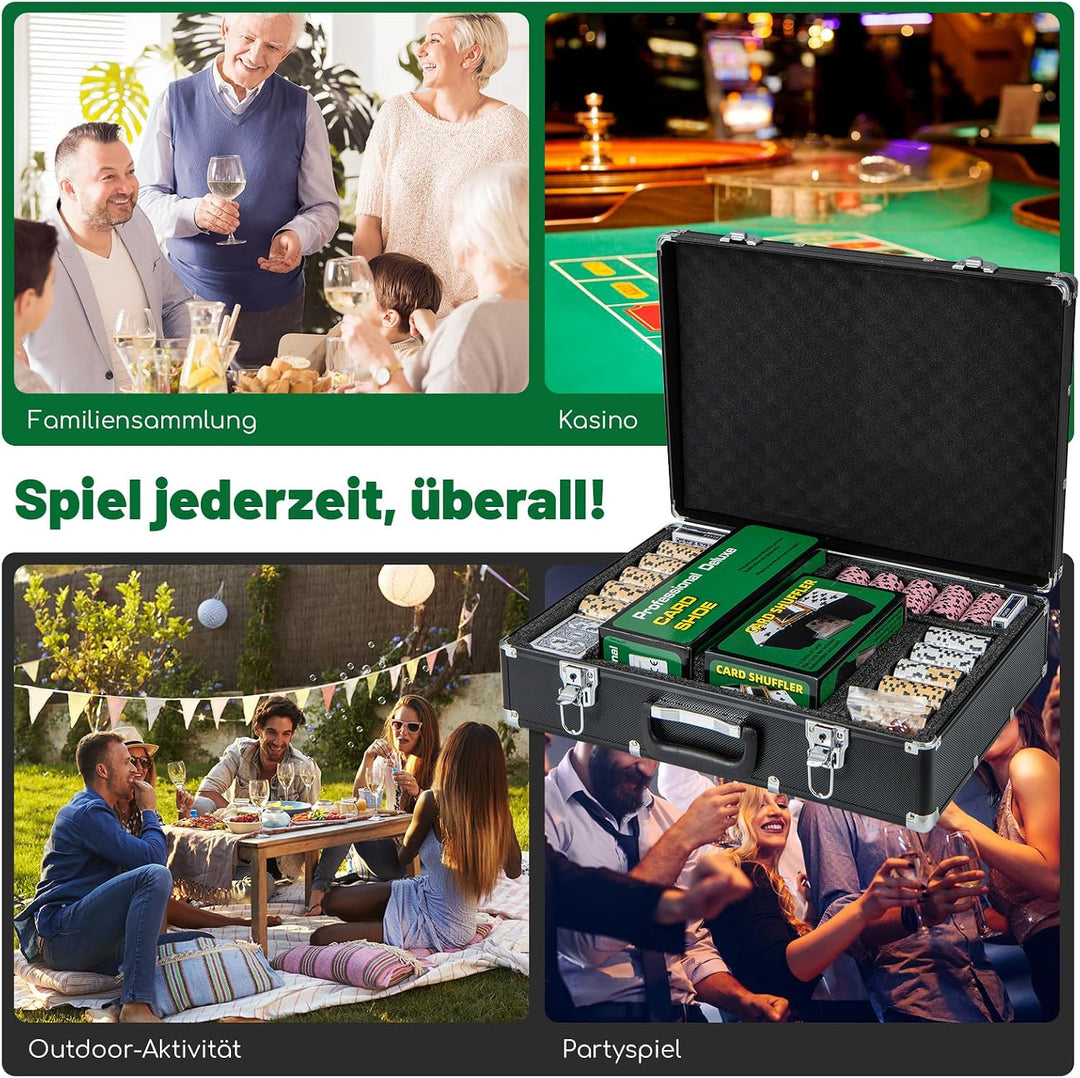 COSTWAY Pokerset 600 Chips, Pokerkoffer mit 6 Kartendeck, 5 Würfel, Dealer Button, Matte, Kartenmisc
