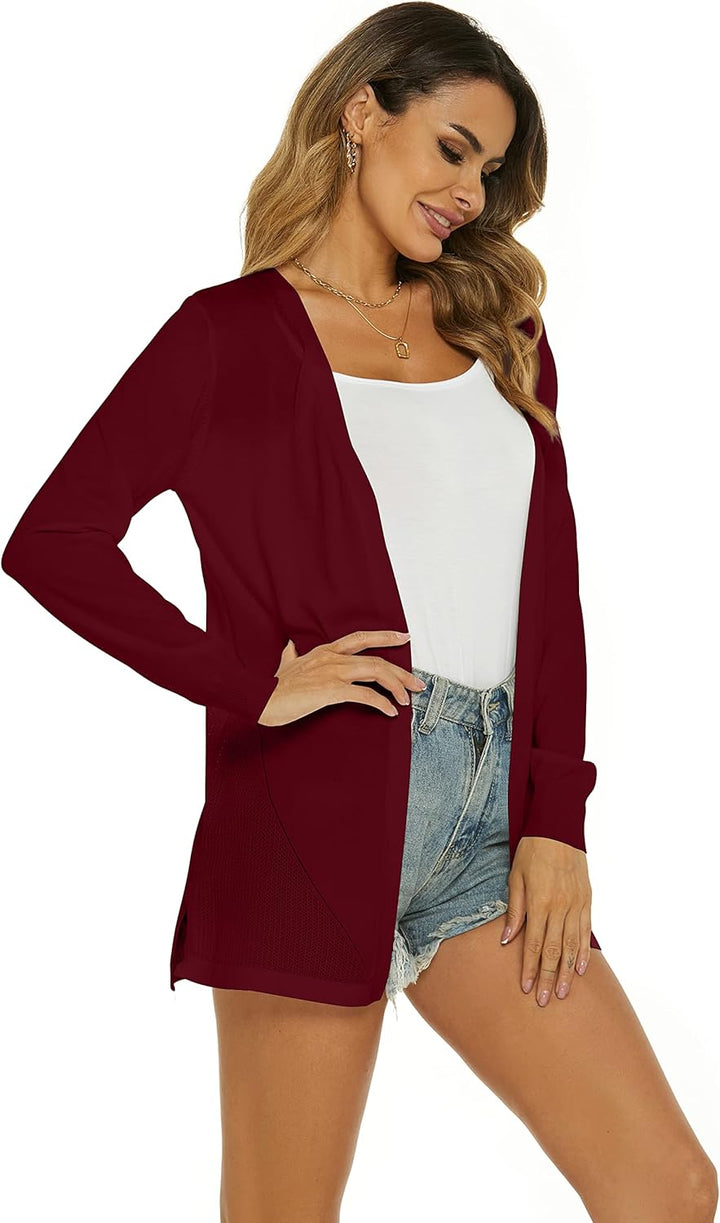 Damen Strickjacke Sommer Cardigan Elegant Lang Jacke Leichte Langarm Offene Strickjacke Sommerjacke