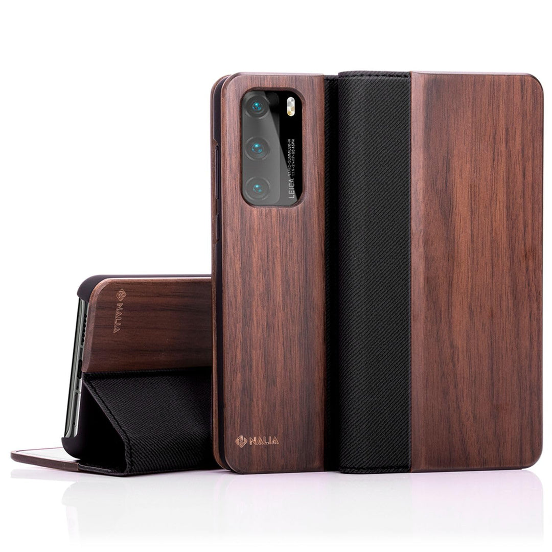 NALIA Echt-Holz Flipcase kompatibel mit Huawei P40 Hülle, Premium Wood Etui Handyhülle mit Klappe, H
