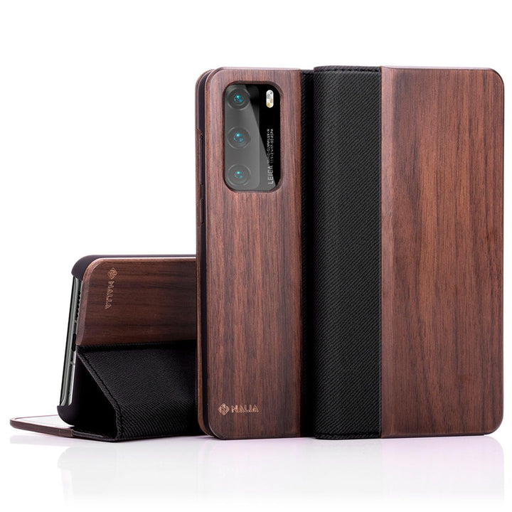 NALIA Echt-Holz Flipcase kompatibel mit Huawei P40 Hülle, Premium Wood Etui Handyhülle mit Klappe, H