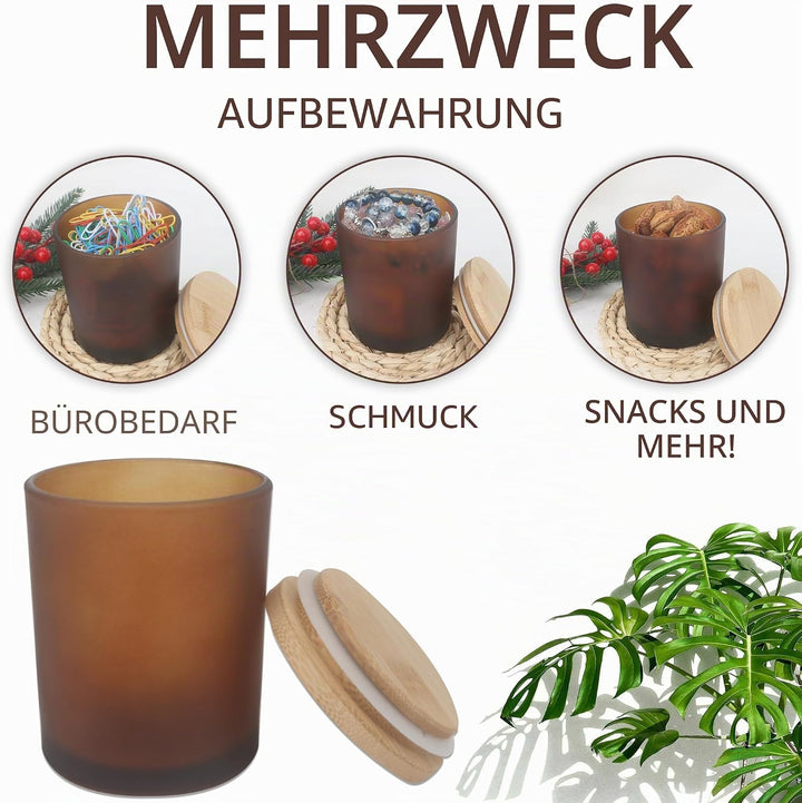 MILIVIXAY 12 Stück 284 ml mattiertes bernsteinfarbenes dickes Glas mit Deckel – leere Kerzengläser f