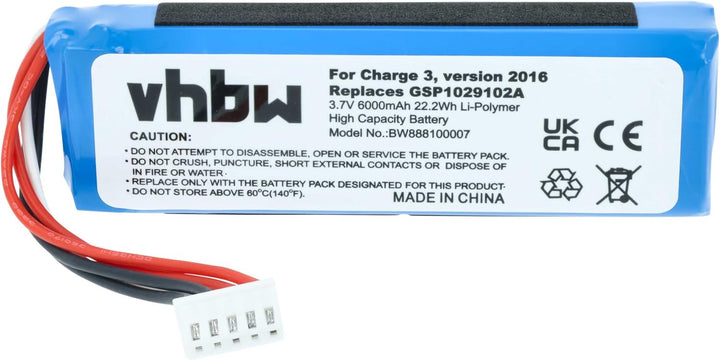 vhbw Akku kompatibel mit JBL Charge 3 2016 | Lautsprecher Boxen Speaker (6000 mAh, 3,7 V, Li-Polymer