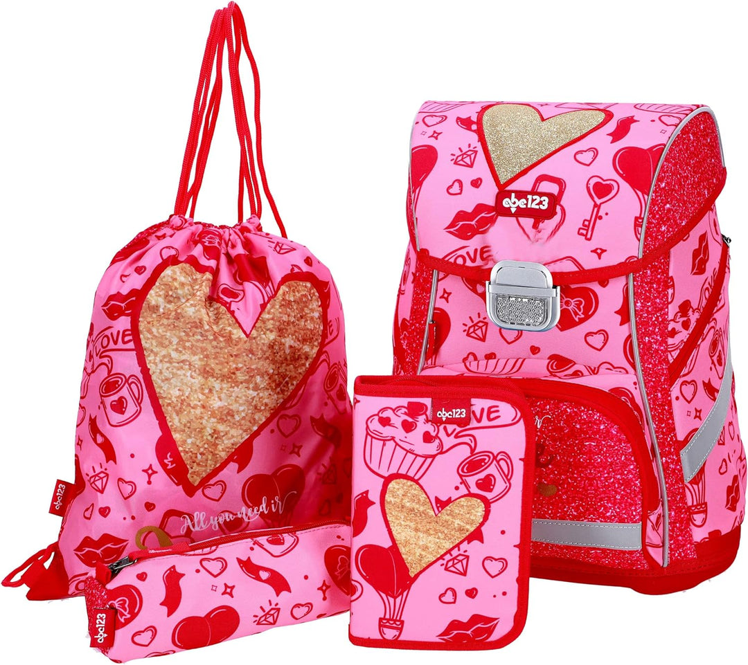SCOOLSTAR Herz Schulranzen Set 4 tlg.Mädchen 1 Klasse Tornister Schulrucksack Schultasche für Grunds