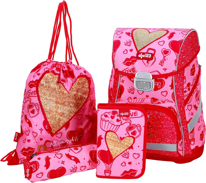SCOOLSTAR Herz Schulranzen Set 4 tlg.Mädchen 1 Klasse Tornister Schulrucksack Schultasche für Grunds