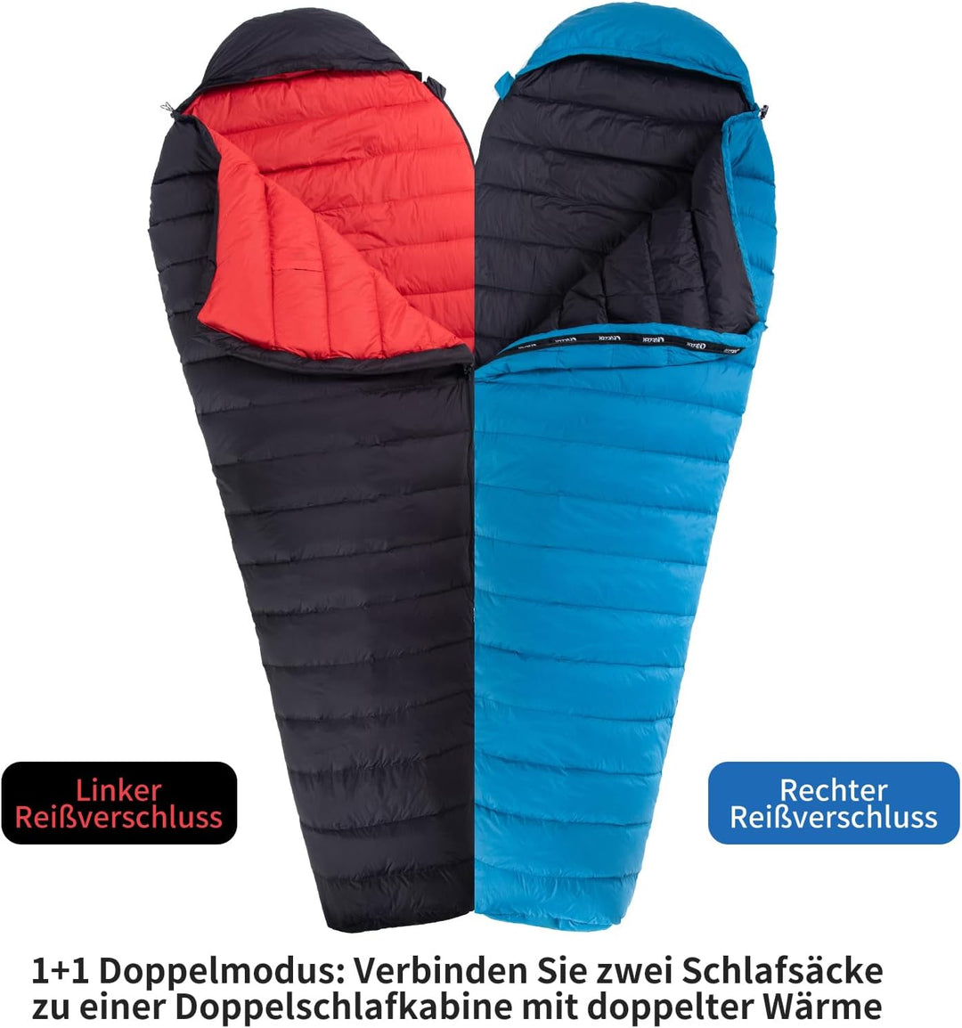 Daunenschlafsack, Winterschlafsack, gefüllt mit 650er Entendaunen. RDS-Zertifiziert. Geeignet für Te