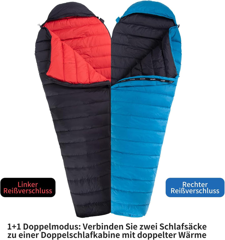 Daunenschlafsack, Winterschlafsack, gefüllt mit 650er Entendaunen. RDS-Zertifiziert. Geeignet für Te