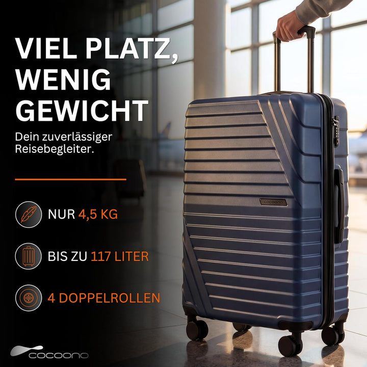 Cocoono Hartschalenkoffer XL Gross - 100L Volumen - 158cm Gurtmass - 8 Rollen 360° drehbar - Leichte