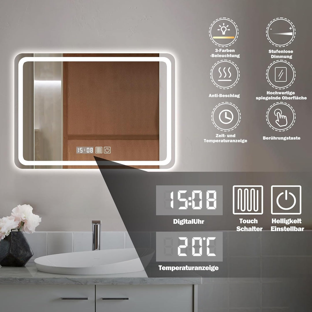 LED Badspiegel mit Beleuchtung, 50x70cm Spiegel mit Stecker, Spiegel mit Licht für Bad, Badezimmersp