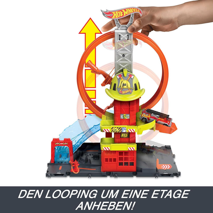 Hot Wheels City Super-Looping Feuerwache - Spielset mit manuellem Aufzug und wasserähnlicher Rampe u
