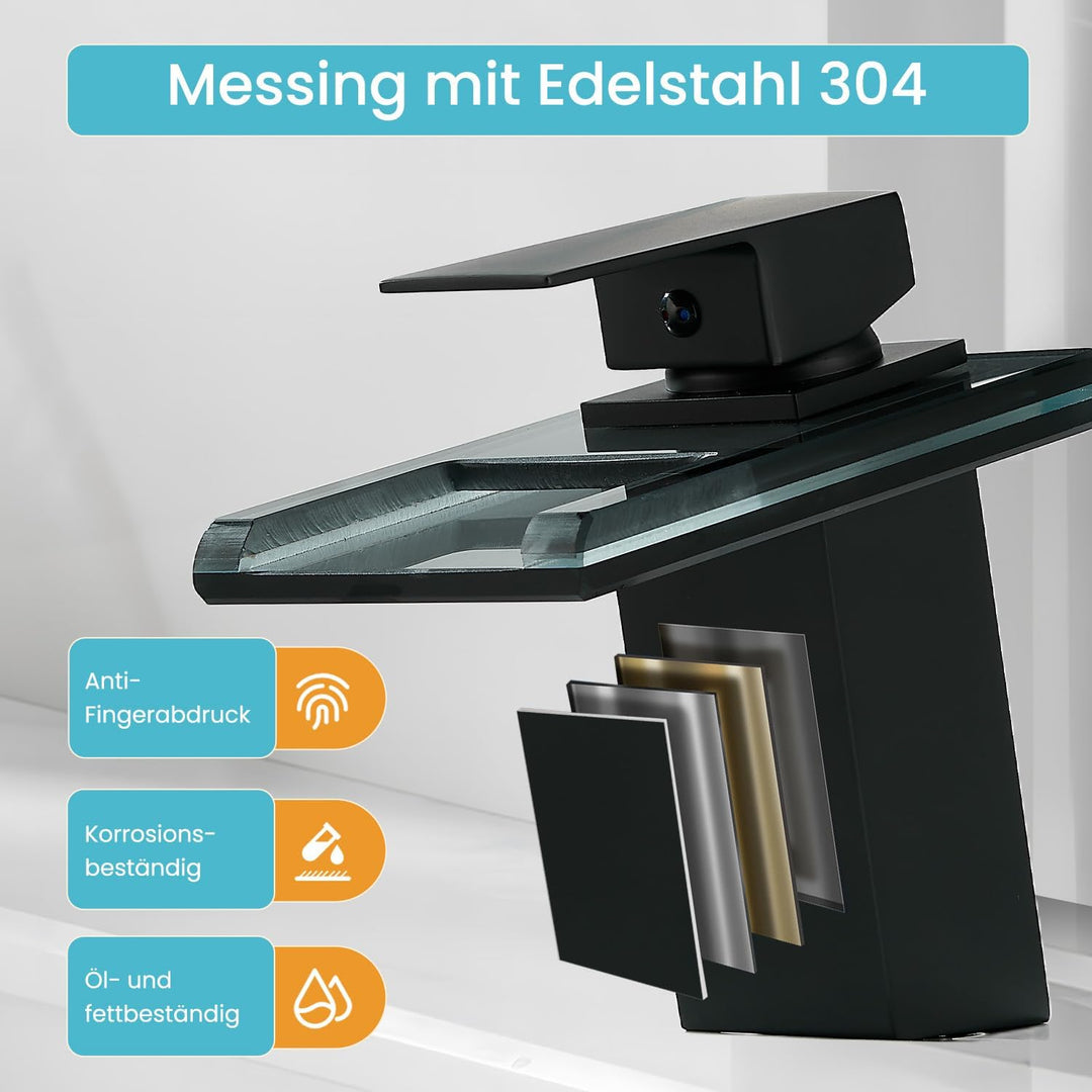 ZYNUHMO Wasserhahn Bad,Wasserfall Armatur Badezimmer Glas,Einhand-Waschtischarmatur,Schwarz, Schwarz
