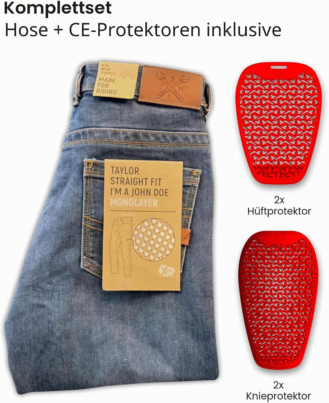 John Doe Taylor Monolayer XTM Motorrad Jeans Stretch Atmungsaktiv mit Protektoren 28W / 34L Indigo,