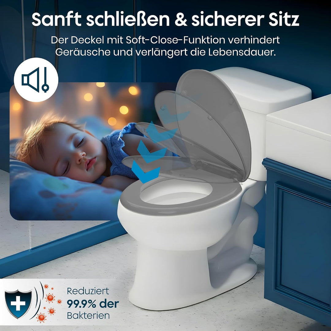 WC-Sitz mit Absenkautomatik, antibakteriell, UV-beständig, mit Quick-Release &amp; Montageschablone – le
