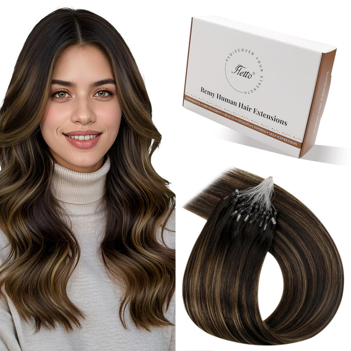 Hetto Echthaar Microring Extensions Balayage Microring Echthaar Extensions Dunkelstes Braun bis Hell