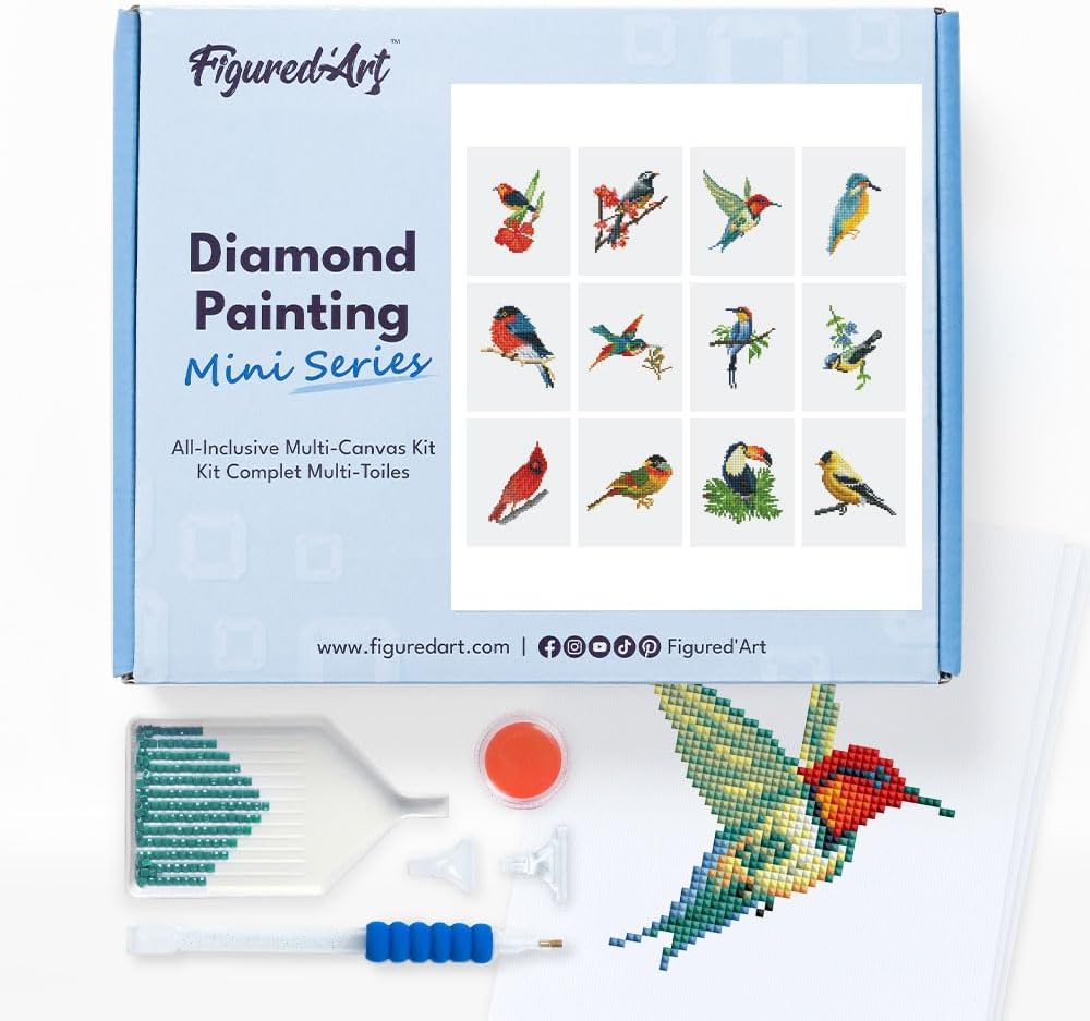 Figured'Art Mini Serie Diamond Painting Erwachsene - Buntes Vogelparadies - Premium-Box mit 12 Stück