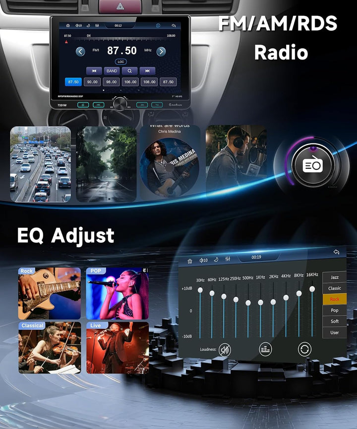 VECHTEL 1 DIN Autoradio mit 7 Zoll 1024x600 Touchscreen Schwenkdisplay