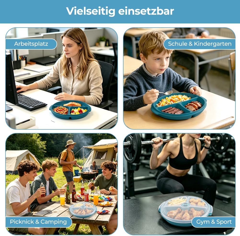 3er Set Mikrowellen Teller mit 3 Fach mit Belüftungsdeckel BPA frei, Vorrats Dose Aufbewahrung Gesch