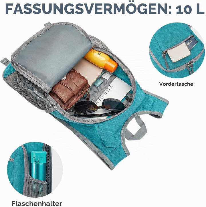 Kleiner Rucksack 10/15/20L Faltbarer Leichter Wanderrucksack Damen Herren, 10Liters