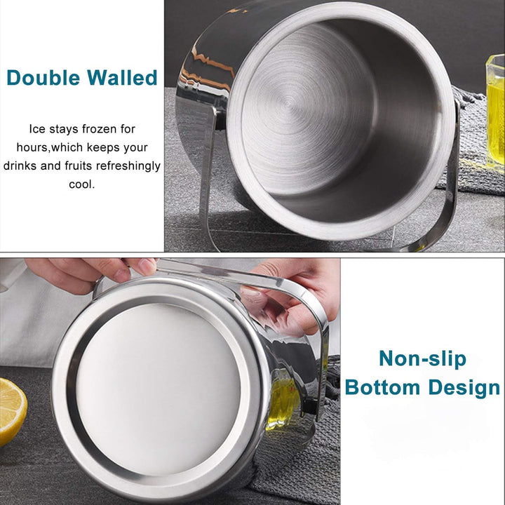 Emsmil 2.2L Eiseimer mit Deckel Zange und Sieb Eiskübel Edelstahl Eisbehälter Sektkühler Eiswürfelbe