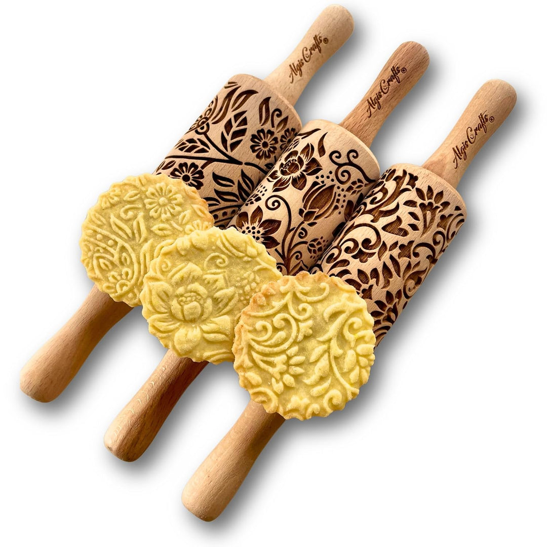 FLORET 3-er SET Kinder Nudelhölzer. Teigrolle mit Lotus, Kaschmir, Paisley blühende, Rebe und Lilie