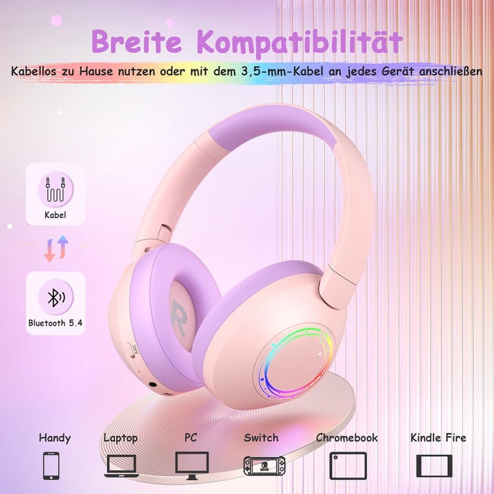 Noise Cancelling Kopfhörer Kinder, Kinderkopfhörer Bluetooth, Bunte RGB LED Leuchte, 60h Spielzeit,