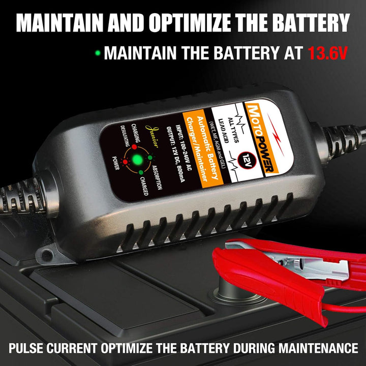 MOTOPOWER MP00205A 12V 800mA Automatisches Ladegerät für Autos, Motorräder, ATVs, Wohnmobile, Powers
