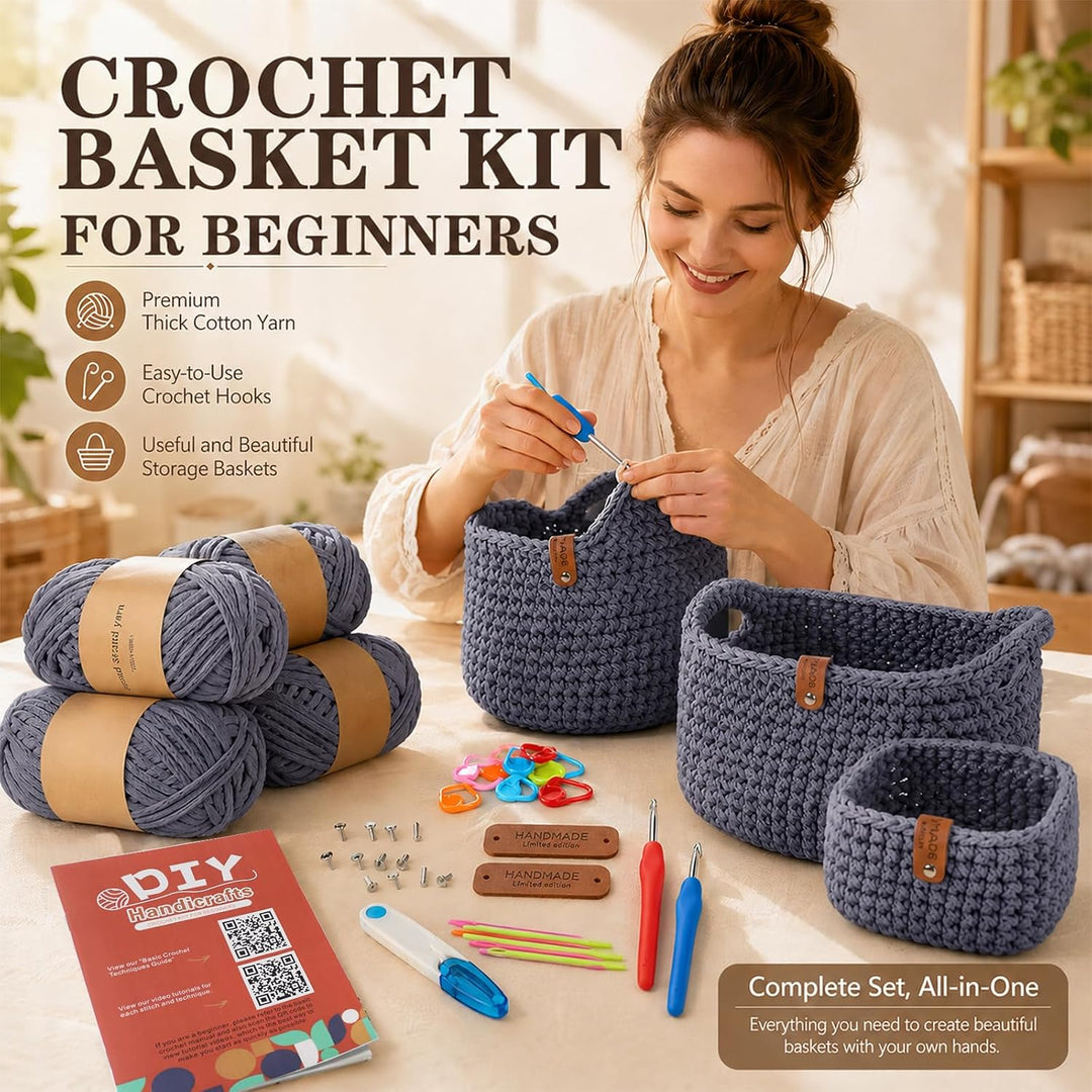 MIUUIPI Häkelset für Anfänger, 2Pcs Square Häkelkorb Häkelset, Komplettes Häkel Set, Korb Crochet Se