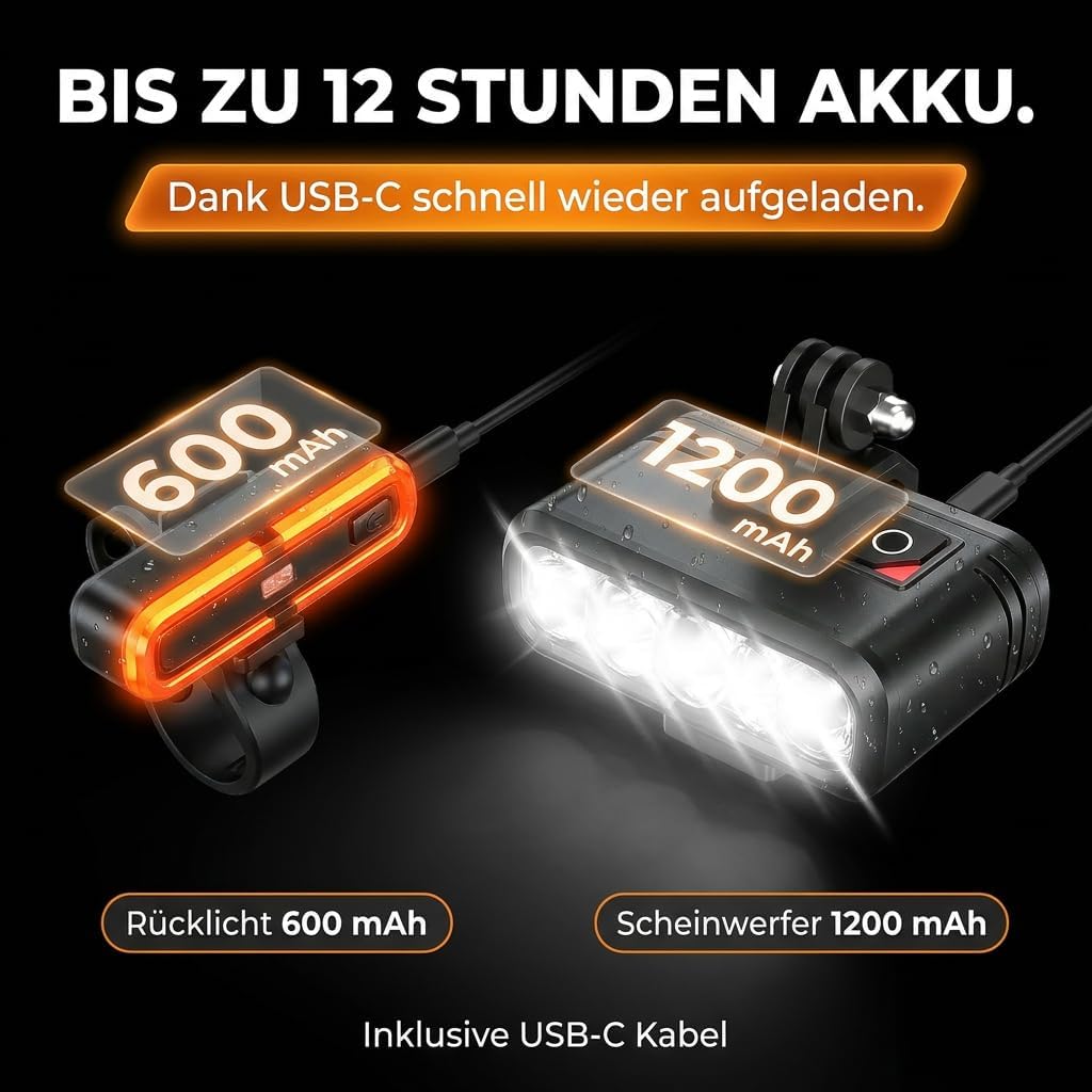 Fahrradlicht Set mit Bremslichtfunktion Superhell Extrem leicht (60g), StVZO zugelassen,USB-C Auflad