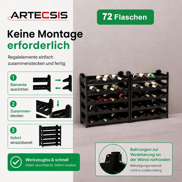 ARTECSIS Weinregal stapelbar Kunststoff für 72 Flaschen, stabiles leichtes Flaschenregal für Keller,