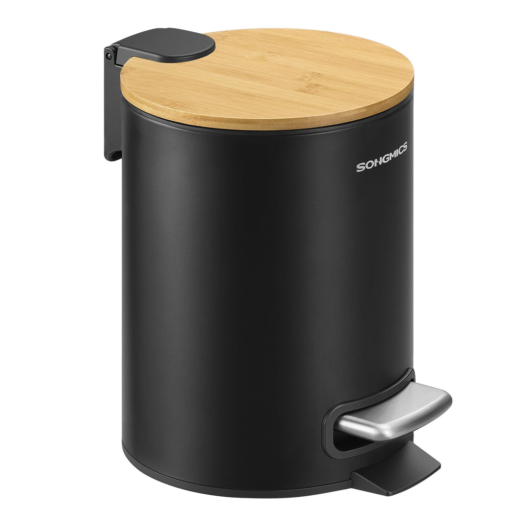 SONGMICS Kosmetikeimer, Mülleimer Bad, mit Deckel aus Bambus, Tretmülleimer mit Metallpedal, Innenei