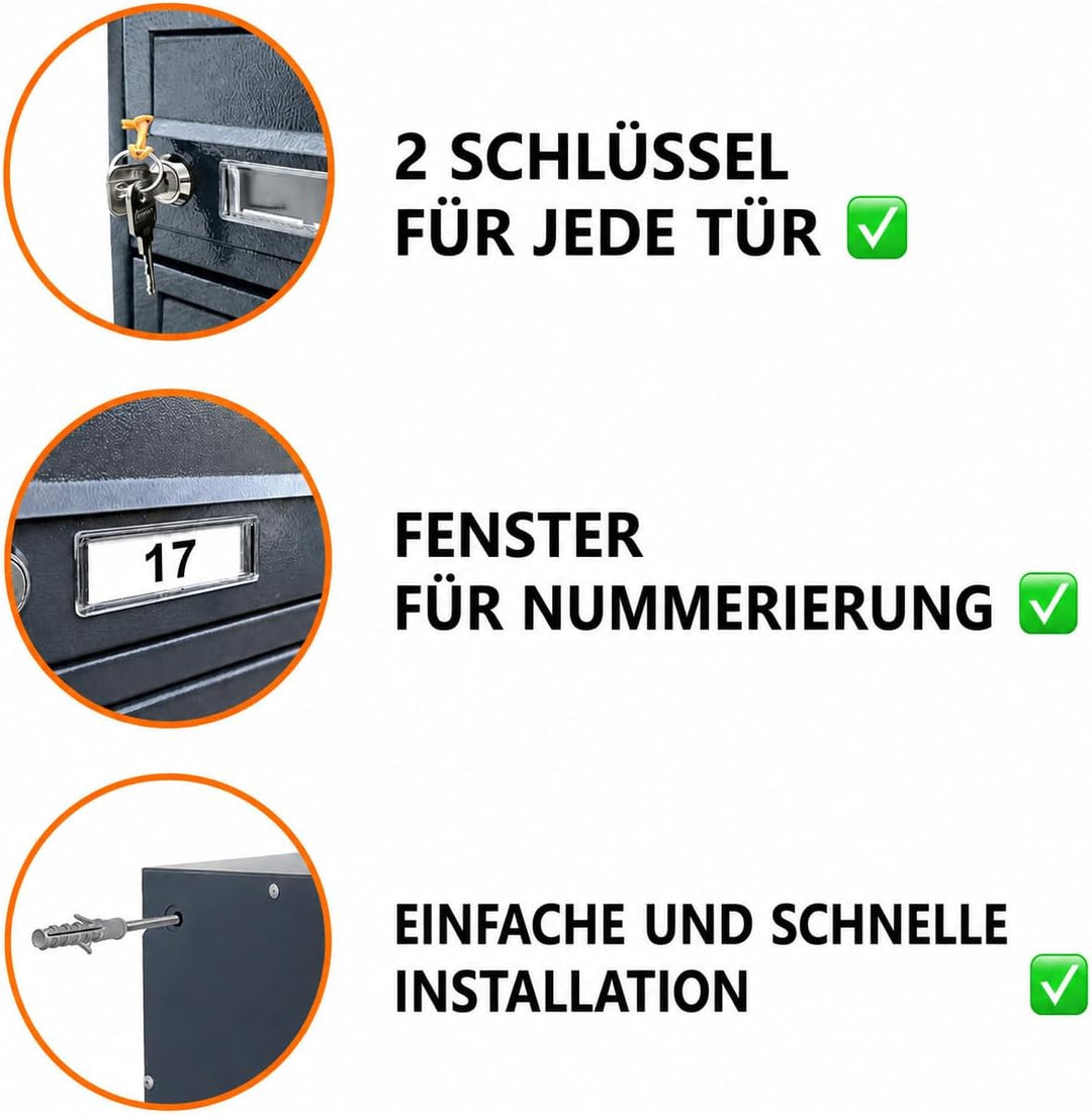 5er Briefkastenanlage GDS Anthrazit RAL 7016 20cm tief Briefkastensysteme | 2 Schlüssel, DIN-A4-Form