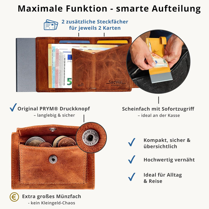 SecWal Kartenetui mit Münzfach Druckknopf inkl. Geschenkbox - Made in Germany - Echtleder Mini Geldb