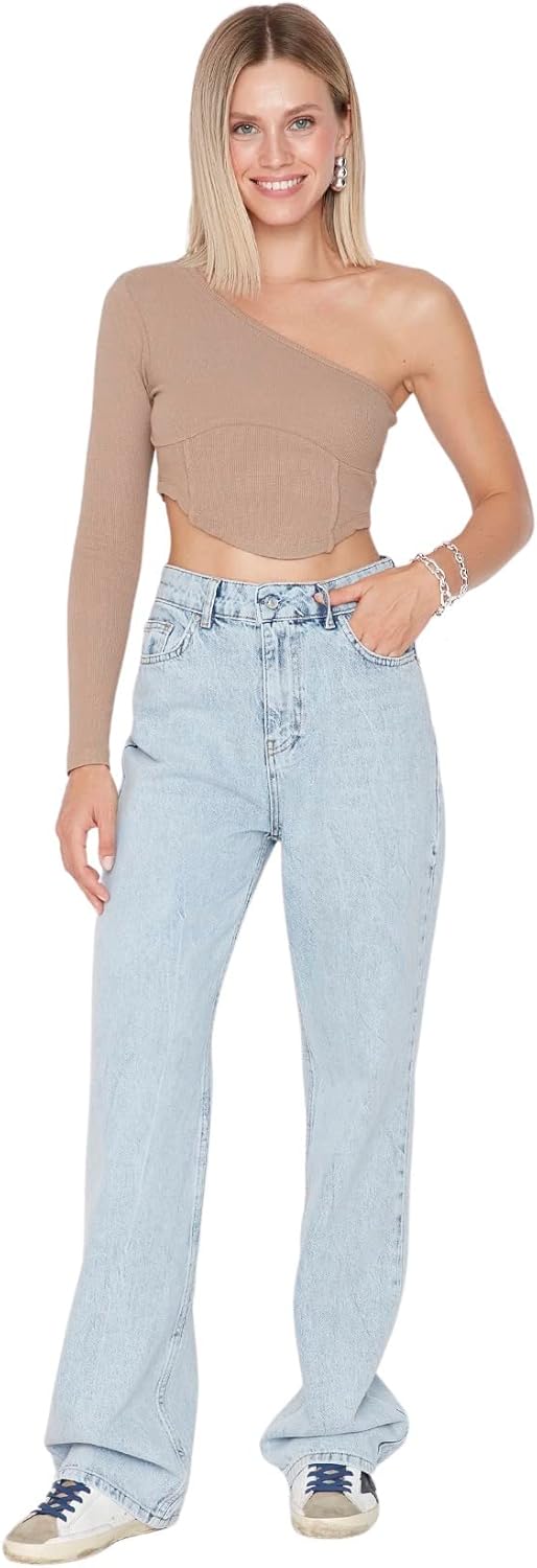 TRENDYOL Damen Herren Hoher Bund Wide Leg Jeans 32 Light Blue, 32 Light Blue