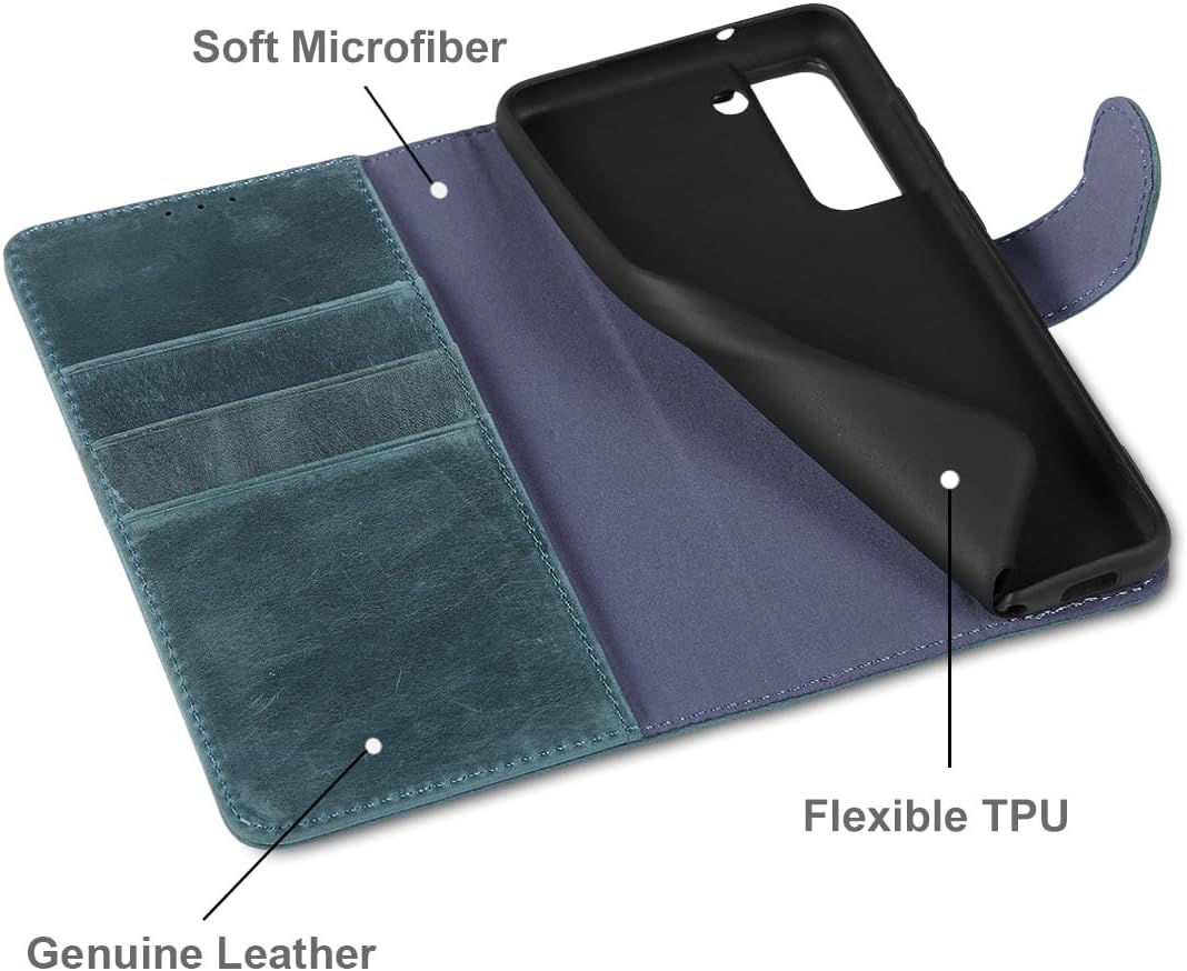 LENSUN Echtleder Hülle für Samsung Galaxy S21 FE 5G, Handyhülle Echt Leder [3 Kartenfächer][RFID Sch