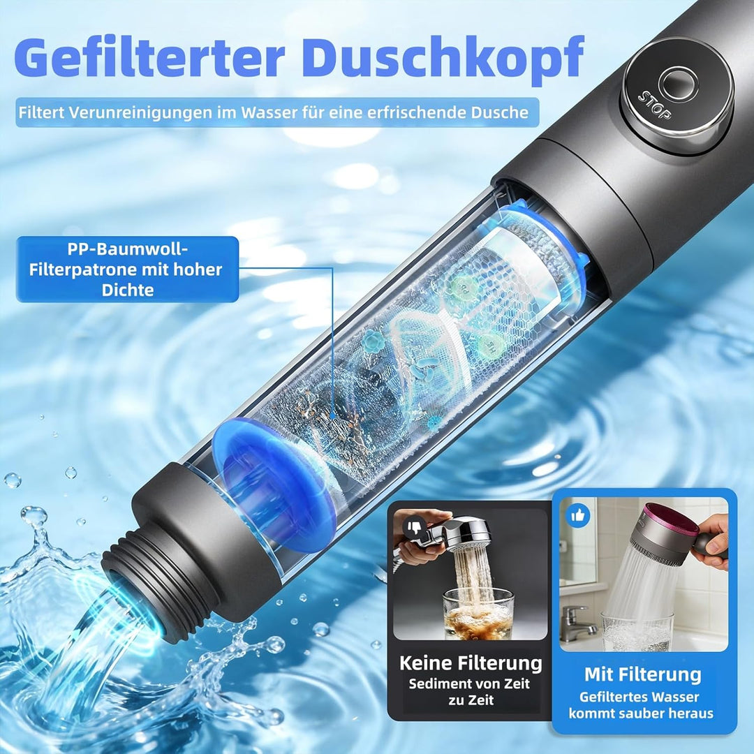 Duschkopf mit Filter,Duschbrause mit Schlauch,Handbrause mit Stoppfunktion,Hochdruck Handbrause mit