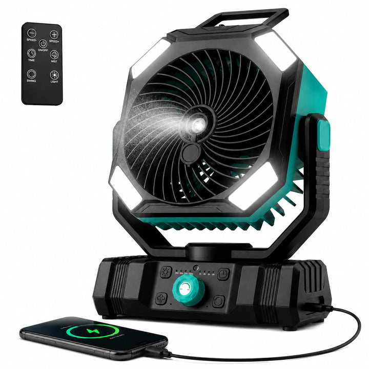 Richday Camping Ventilator mit Wasserkühlung, 20000mAh Akku, 300ml Wassertank, 2 Nebelmodi, 270° dre