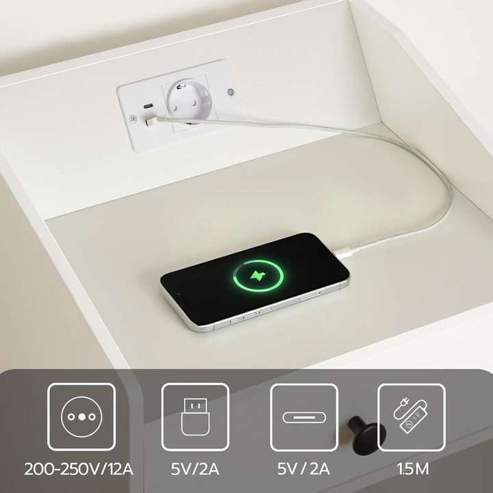 HOOBRO Nachttisch mit Ladestation und LED-Beleuchtung, schmaler Beistelltisch mit Schublade, moderne