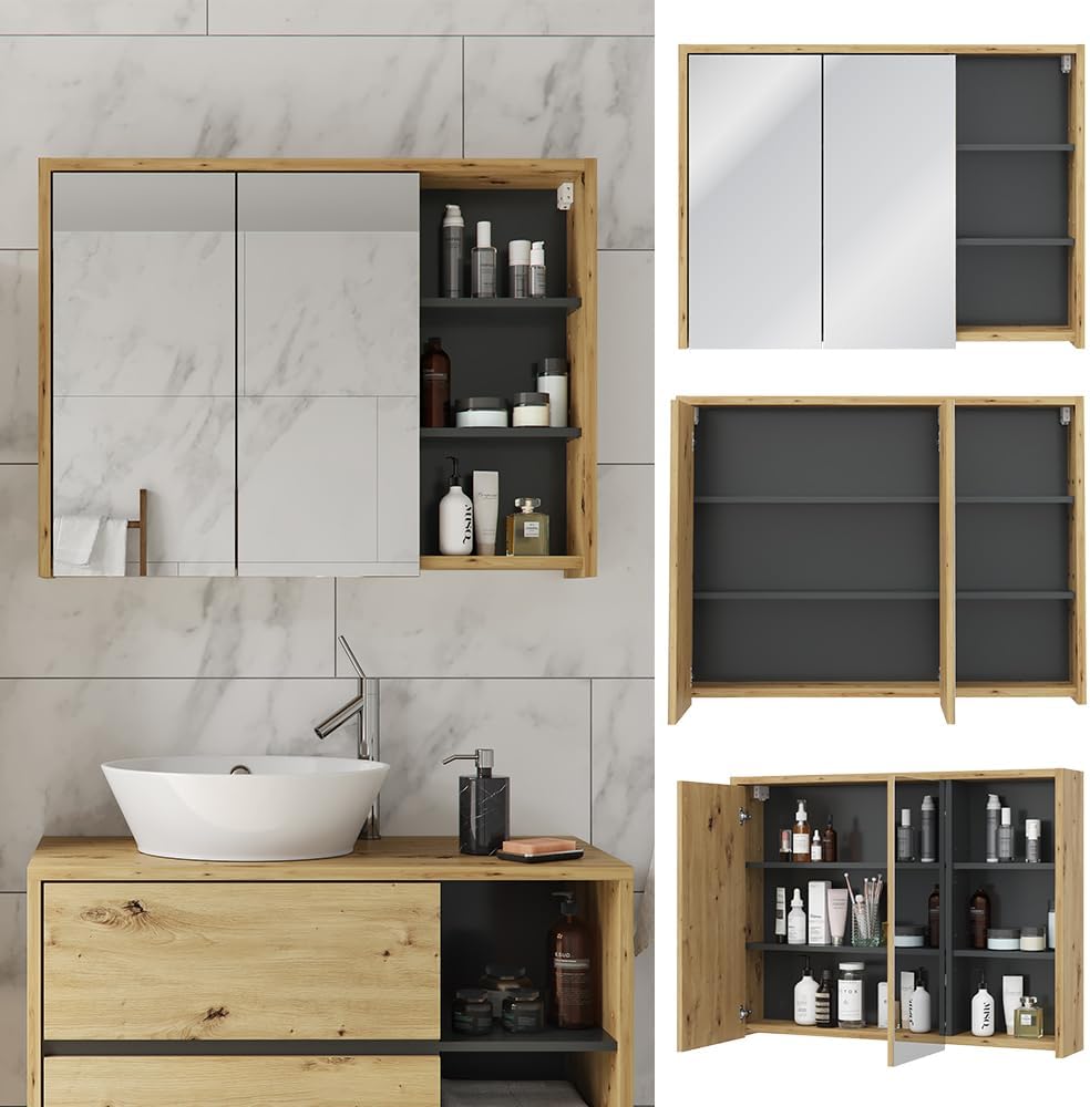 Vicco Bad Spiegelschrank Viola, Anthrazit/Eiche, 100 x 75 cm