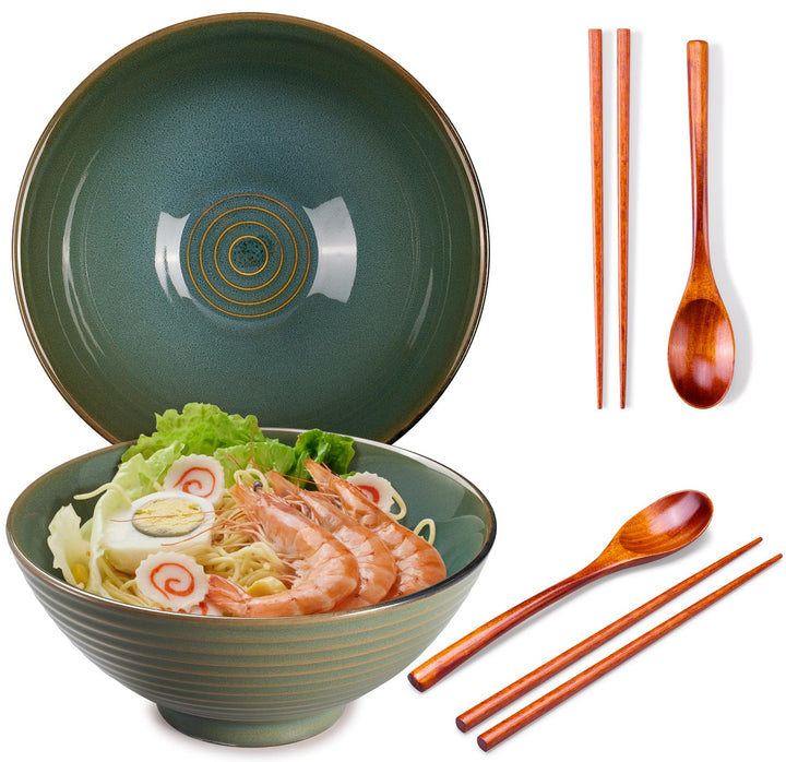 2X Ramen Bowl Ceramic - 1200ml - 20 cm - With Spoon and Chopsticks for Ramen Soup Pho Udon Asian Noo