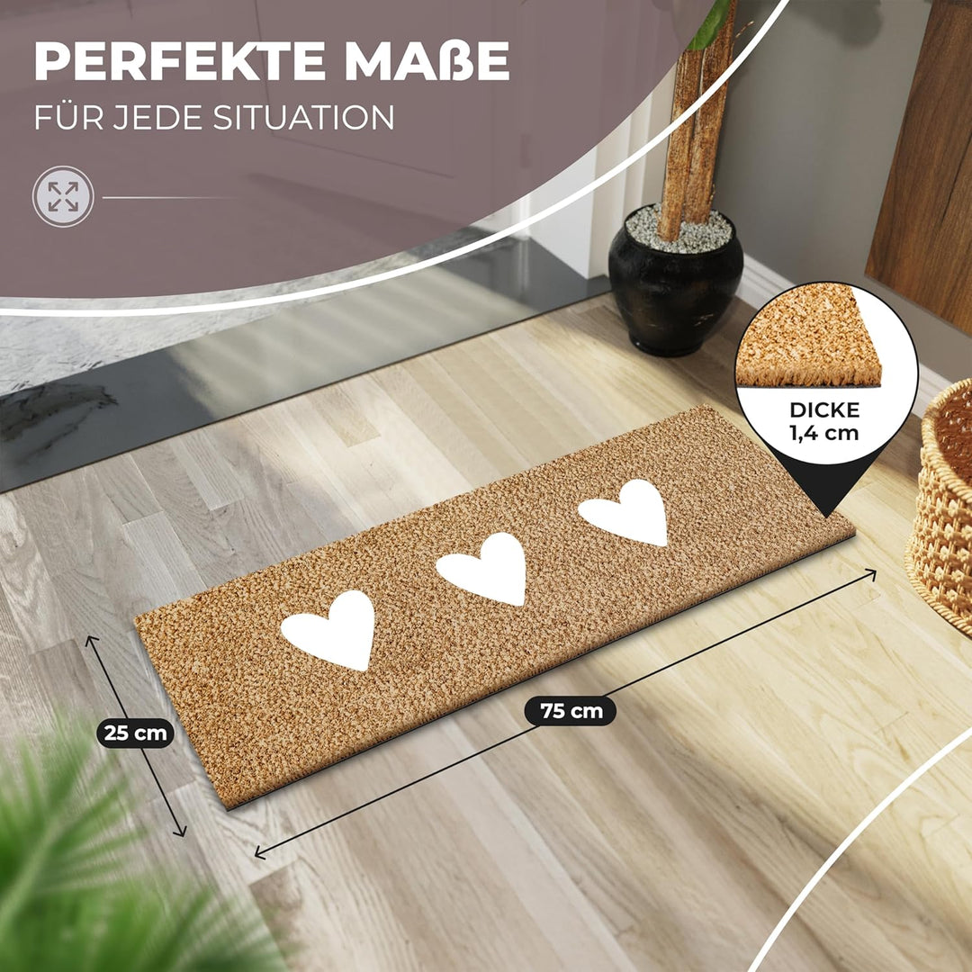 Kokos Fussmatte 75x25cm mit weissen Herzen I Extra langlebige & rutschfeste Kokosmatte I Für Innen &