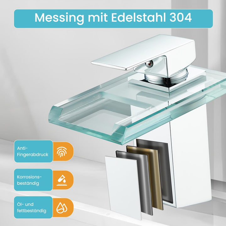 Wasserhahn Bad,Wasserfall Armatur Badezimmer Glas,Einhand-Waschtischarmatur,Chrome, Chrome