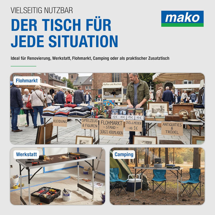 mako Multifunktionstisch Profi – Höhenverstellbarer Mehrzwecktisch 60 x 100 cm - Campingtisch, Klapp