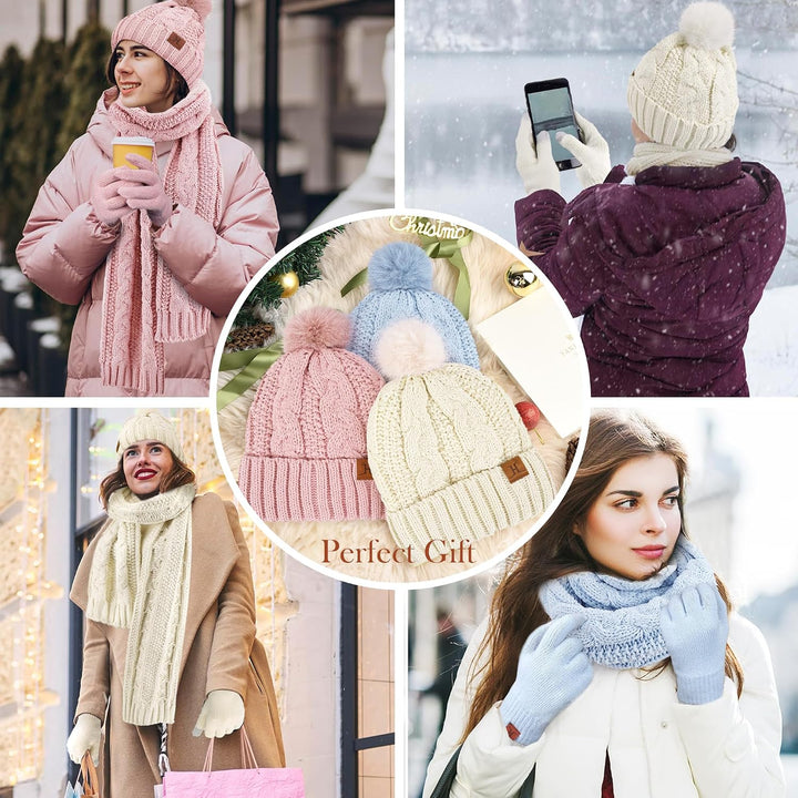 ZASFOU Damen Winter Mütze Schal Touchscreen Handschuhe Set Thermo Chenille Strickmütze Beanie Winter