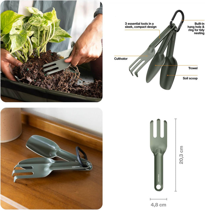 Fiskars Urban Plant Care Pflanzwerkzeuge Set, 3-TLG, Basic-Kit für die Pflanzenpflege, Platzsparende
