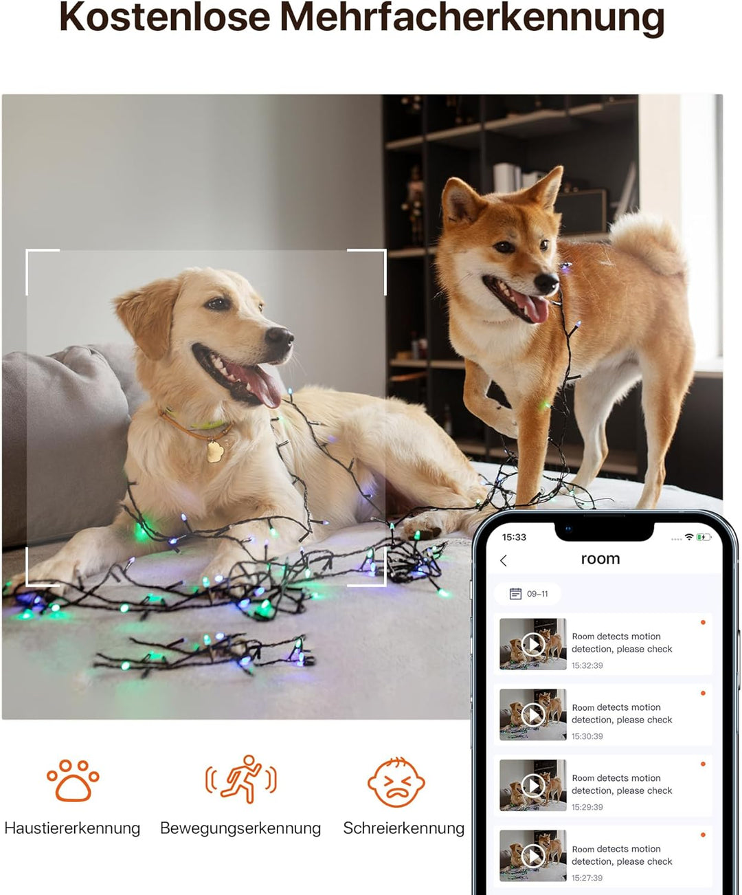 Tenda CP3 Überwachungskamera Innen, 1080p WLAN IP Kamera mit 2-Wege-Audio, 360°/155° drehbar, 12m Na