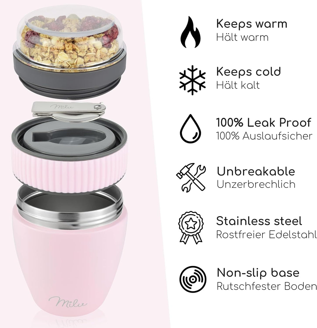 Milu Müslibecher to go 400ml I isolierter Edelstahl Joghurtbecher für Müsli I auslaufsicherer Becher